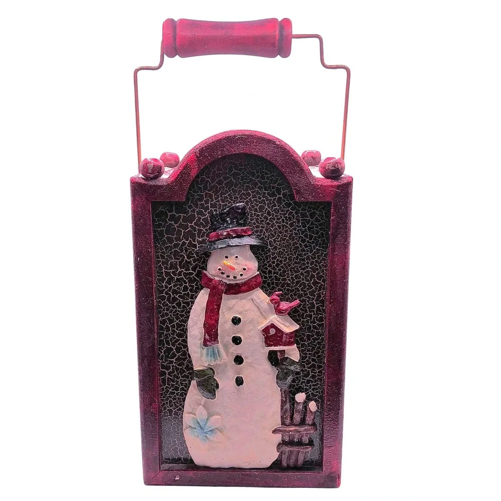 Rustic Wooden Box With Handle 10.25in Green & Burgundy Accents Snowman Cardinal